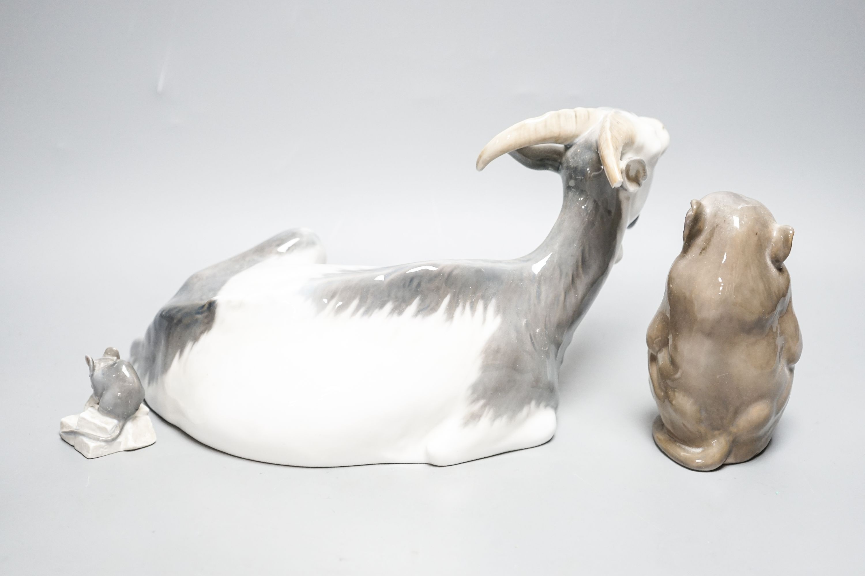 A Royal Copenhagen model of a goat, a mouse and one of a monkey, largest 28cm long